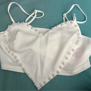 White Pearl Embellished Heart Crop Top